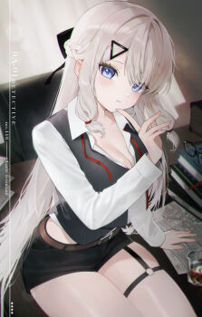 Rule 34 | 1girl, 9a-91 (an empty seat a hint of champagne) (girls' frontline), 9a-91 (girls' frontline), absurdres, black shorts, blue eyes, book, breasts, chair, cleavage, closed mouth, commentary, commission, cup, dot nose, english commentary, girls' frontline, glasses, grey vest, highres, index finger raised, kir (khw66136132), long hair, looking at viewer, neck ribbon, paper, pixiv commission, red ribbon, ribbon, shirt, short shorts, shorts, sitting, sitting on table, solo, thigh strap, thighs, undone neck ribbon, vest, white hair, white shirt