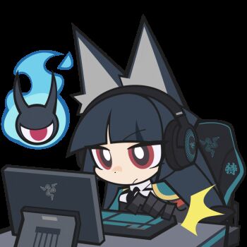 1girl :/ animal_ears animated animated_gif aqua_jacket at_computer black_gloves black_hair black_necktie blunt_bangs bright_pupils chair chibi computer_keyboard fingerless_gloves fox_ears fox_girl gaming_chair gloves headphones hoshimi_miyabi jacket long_hair long_sleeves looping_animation monitor necktie official_art raised_eyebrows razer red_eyes shirt sitting swivel_chair transparent_background upper_body white_pupils white_shirt zenless_zone_zero