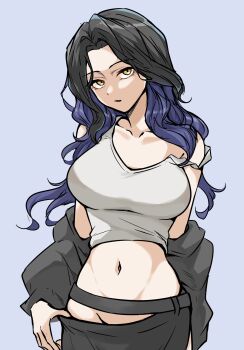 1girl arm_behind_back belt black_belt black_hair black_jacket black_skirt blue_background blue_hair breasts clothes_pull collarbone commentary_request cowboy_shot crop_top grey_tank_top groin highres jacket large_breasts long_hair long_sleeves looking_at_viewer midriff multicolored_hair navel nittora off_shoulder official_alternate_costume official_alternate_hairstyle open_clothes open_jacket orange_eyes parted_bangs parted_lips project_sekai shiraishi_an side_slit sidelocks simple_background skirt skirt_pull solo strap_slip tank_top two-tone_hair wavy_hair zozotown