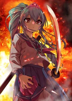 1girl absurdres brown_eyes commentary_request commission explosion expressionless floating_hair galaxy_angel green_hair gujira headset highres holding holding_stuffed_toy holding_sword holding_weapon katana long_hair looking_at_viewer navel normad ponytail school_uniform serafuku sidelocks skeb_commission solo stuffed_toy sword vanilla_h weapon