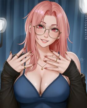1girl artist_name blue_camisole body_freckles breasts camisole chest_freckles chloe_(sciamano240) cleavage commentary earrings english_commentary freckles glasses grin hands_up highres jewelry large_breasts long_hair long_sleeves looking_at_viewer multiple_rings nail_art nail_polish necklace off_shoulder open_clothes original pendant pink_eyes pink_hair pink_nails ring sciamano240 shiny_skin signature single_bare_shoulder sleeves_past_wrists smile solo stud_earrings upper_body very_long_fingernails