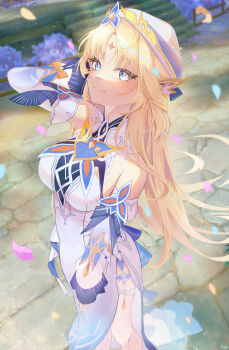 1girl absurdres bare_shoulders blonde_hair blue_eyes bow breasts closed_mouth commentary cross-shaped_pupils detached_sleeves dress facial_mark forehead_mark genshin_impact hand_in_own_hair hand_up hat highres jinya large_breasts long_hair looking_at_viewer nicole_(genshin_impact) orange_bow outdoors sideboob sleeveless sleeveless_dress smile solo standing star_(symbol) star_facial_mark stone_walkway symbol-shaped_pupils untranslatable_commentary very_long_hair white_hat white_sleeves