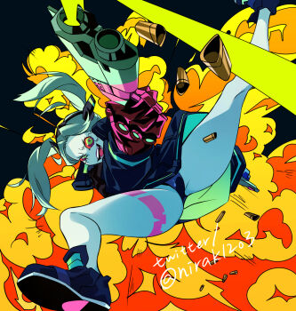 1girl artificial_eye black_panties casing_ejection colored_sclera cyberpunk_(series) cyberpunk:_edgerunners cyborg explosion firing gun handgun highres holding holding_gun holding_weapon leg_tattoo mechanical_eye nirak open_mouth panties pink_tattoo rebecca_(cyberpunk) red_sclera shell_casing smile solo spread_legs tattoo twintails twitter_username underwear weapon