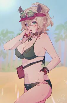 Rule 34 | 1girl, absurdres, animal ears, bikini, blonde hair, blue sky, blurry, blurry background, breasts, cleavage, commentary, crossed bangs, day, double-parted bangs, english commentary, eyewear on head, green-tinted eyewear, green bikini, green eyes, hair between eyes, hair ornament, hair scrunchie, hand up, hat, highres, indie virtual youtuber, kokomi (aniesuakkaman), large breasts, lifeguard, looking at viewer, medium hair, mole, navel, nimi nightmare, nimi nightmare (lifeguard), official alternate costume, official alternate hairstyle, outdoors, ponytail, red hat, scrunchie, sky, solo, stomach, swimsuit, tapir ears, tinted eyewear, virtual youtuber, whistle, whistle around neck