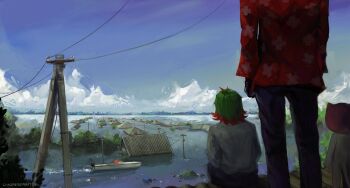 4others absurdres blue_sky boat destruction flood from_behind highres historical_event kakhovka multicolored_hair multiple_others numbozo original partially_immersed real_world_location ruins russo-ukrainian_war scenery sitting sky standing streaked_hair terrorism tree ukraine utility_pole war water watercraft