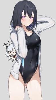 2girls absurdres black_hair black_one-piece_swimsuit character_request competition_swimsuit covered_navel grey_jacket highleg highleg_one-piece_swimsuit highres hood hooded_jacket ichinose_uruha jacket jacket_over_swimsuit kairi_(miry666) long_hair multiple_girls one-piece_swimsuit open_clothes open_jacket purple_eyes solo_focus swimsuit virtual_youtuber vspo!