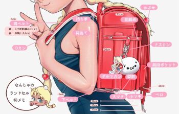 1girl artist_self-insert backpack bag blonde_hair blue_one-piece_swimsuit chibi chibi_inset close-up commentary_request dark-skinned_female dark_skin glasses long_hair low_twintails nanja one-piece_swimsuit original randoseru school_swimsuit simple_background solo swimsuit tan translation_request twintails v white_background