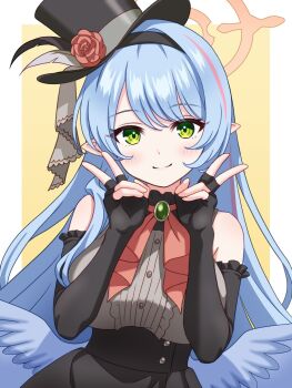 1girl black_dress black_gloves black_hairband black_hat blue_archive blue_hair blue_wings blush breasts closed_mouth commentary_request double_v dress elbow_gloves fingerless_gloves gesupi_(provlemsolver57) gloves green_eyes hairband halo hat highres large_breasts long_hair looking_at_viewer mine_(blue_archive) mine_(idol)_(blue_archive) multicolored_hair orange_halo pink_hair sleeveless sleeveless_dress smile solo streaked_hair upper_body v wings