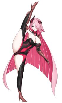 1girl black_leotard black_sclera black_thighhighs boots breasts brown_boots brown_gloves cleavage colored_sclera commentary commission elbow_gloves english_commentary flexible full_body gloves high_heel_boots high_heels highres holding_own_leg large_breasts leg_up legs leotard long_hair looking_at_viewer mulhubs original parted_bangs parted_lips pink_eyes pink_hair simple_background smile solo split standing standing_on_one_leg standing_split thighhighs very_long_hair white_background