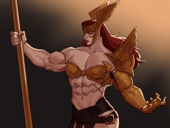 1girl abs absurdres angela_(marvel) biceps highres marvel marvel_rivals metal_bra muscular muscular_female norse obliques red_hair scar scar_on_stomach valda_arts winged_headwear
