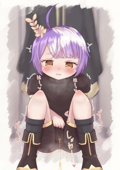 1girl ahoge asrafil_(megido72) black_bodysuit black_boots black_socks blush bodysuit boots embarrassed flat_chest flower hair_flower hair_ornament heart heavy_breathing loli looking_down megido72 open_mouth peeing peeing_self puffy_sleeves purple_hair short_hair short_sleeves socks squatting steam sweat tears tokiha_(ruinluin) trembling wet wet_clothes yellow_flower