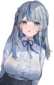 1girl :o amagai_ruka appleseed_(appleseed_art) arms_behind_back black_skirt blue_eyes blue_hair blush braid breasts buttons center_frills collared_shirt colored_inner_hair commentary_request earrings frills gradient_hair grey_hair hair_ornament highres jewelry large_breasts long_hair long_sleeves looking_at_viewer multicolored_hair neck_ribbon open_mouth plaid_clothes plaid_skirt ribbon shirt shirt_tucked_in side_braid simple_background skirt solo streaked_hair unmoving_pattern very_long_hair virtual_youtuber weather_planet white_background white_shirt