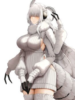 1girl absurdres arthropod_girl breasts bug extra_arms grey_hair hair_over_eyes highres insect_girl insect_wings large_breasts monster_girl moth_girl moth_wings original shengxiu_de_pige sideboob solo sweater thighhighs white_hair wings zettai_ryouiki