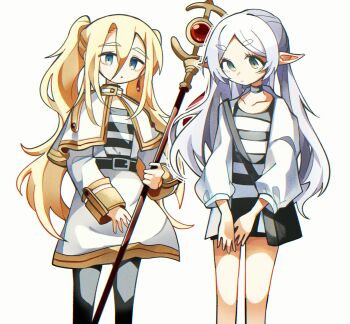 Rule 34 | 2girls, alternate hairstyle, angelsmason, bag, belt, blonde hair, blue eyes, capelet, choker, cosplay, costume switch, crossbody bag, dress, earrings, feet out of frame, frieren, green eyes, hair down, hair up, highres, holding, holding staff, jacket, jewelry, long hair, long sleeves, multiple girls, open clothes, open jacket, pantyhose, parted lips, pointy ears, rachel gardner, satsuriku no tenshi, shirt, shoulder bag, skirt, sleeve cuffs, sousou no frieren, staff, striped clothes, striped shirt, thick eyebrows, twintails, very long hair, white hair