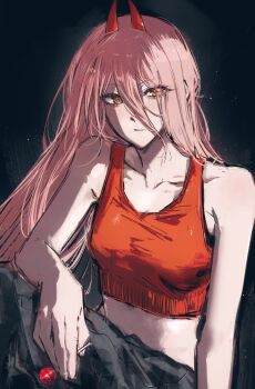 1girl black_pants candy chainsaw_man crop_top cross-shaped_pupils demon_girl demon_horns food hair_between_eyes highres holding holding_candy holding_food holding_lollipop horns lollipop long_hair long_hair_between_eyes looking_at_viewer moku_(muooku) pants pink_hair power_(chainsaw_man) red_horns red_tank_top solo symbol-shaped_pupils tank_top yellow_eyes