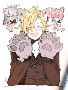 3boys :d :p ahoge animal_ear_fluff animal_ears aqua_eyes blonde_hair blue_eyes blush brown_shirt chibi clip_studio_paint_(medium) closed_eyes collarbone cropped_torso facing_viewer fang green_streaks grey_hair hair_intakes highres hypnosis_mic izanami_hifumi jewelry jinguji_jakurai kannonzaka_doppo male_focus marker_(medium) multiple_boys open_mouth partially_colored pendant red_hair shirt smile sofra striped_blush tongue tongue_out traditional_media trembling upper_body waving wolf_ears wolf_paws