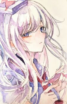 1girl absurdres closed_mouth commentary dress grey_hair hat highres kamishirasawa_keine kamu_kotan long_hair looking_at_viewer portrait purple_dress purple_eyes purple_hat solo touhou traditional_media