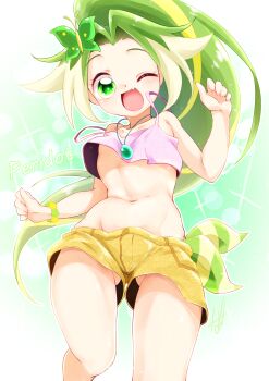 Rule 34 | 1girl, :d, absurdres, bracelet, butterfly hair ornament, character name, commentary request, cowboy shot, crop top, fang, flat chest, from below, gluteal fold, green eyes, green hair, green theme, hair ornament, highres, humanization, jewelpet (series), jewelpet magical change, jewelry, long hair, master nabesama, midriff, navel, necklace, one eye closed, open mouth, peridot (jewelpet), pink tank top, ponytail, short shorts, shorts, skin fang, smile, solo, sparkle, standing, stomach, tank top, very long hair