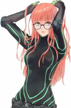 1girl arms_up black_bodysuit blunt_bangs bodysuit elbow_gloves elbow_pads glasses gloves green_gloves long_hair md5_mismatch messy_hair nonota_(takerunoheya) oracle_(persona_5) orange_hair persona persona_5 playing_with_own_hair resolution_mismatch sakura_futaba skin_tight source_larger
