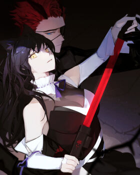 1boy 1girl absurdres adam_taurus animal_ears black_horns blake_belladonna blue_eyes breasts cat_ears cleavage detached_sleeves eyepatch flower highres holding holding_weapon horns looking_at_another looking_at_viewer half-closed_eye rose rwby sheath sword thorns uccl unsheathing weapon yellow_eyes