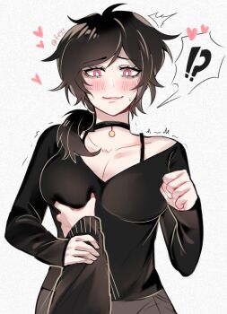 !? 1boy 1girl aegyo_sal andrew_graves artist_name ashley_graves assertive_female black_choker black_hair black_shirt black_sweater blush bra_strap breasts brother_and_sister choker cleavage clenched_hand felichiii grabbing_another's_breast groping guiding_hand heart highres incest large_breasts long_sleeves medium_breasts pink_eyes pov shaking shirt short_shorts shorts siblings solo_focus speech_bubble surprised sweater the_coffin_of_andy_and_leyley