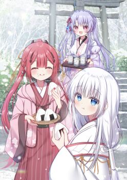 Rule 34 | 3girls, :d, :i, :t, ^ ^, alternate hairstyle, blue eyes, blue hair, blunt bangs, blush, braid, center-flap bangs, cherry blossom print, closed eyes, closed mouth, commentary request, cowboy shot, crown braid, cup, day, eating, eyes visible through hair, facing viewer, fingernails, floral print, floral print kimono, food, food on face, frilled kimono, frills, hair between eyes, hair ornament, hair ribbon, hairclip, hands up, happy, highres, holding, holding food, holding tray, japanese clothes, kamiyama shiki, kimono, long hair, long sleeves, looking at viewer, low-tied long hair, miko, multiple girls, naruse shiroha, nontraditional miko, official alternate costume, onigiri, open clothes, open kimono, open mouth, outdoors, photo background, pink kimono, ponytail, print kimono, red eyes, red hair, red kimono, red ribbon, ribbon, sakura aki, sidelocks, signature, smile, snowing, sorakado ao, split ponytail, stairs, steam, straight hair, striped clothes, striped kimono, summer pockets, tassel, tassel hair ornament, torii, tray, twin braids, twitter username, upper body, vertical-striped clothes, vertical-striped kimono, very long hair, white background, white kimono, wide sleeves, winter