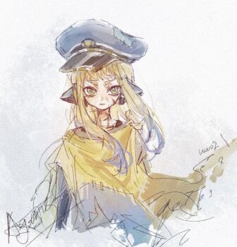 1girl :| agent_3_(splatoon) blonde_hair blue_hair captain_3_(splatoon) character_name chinese_commentary closed_mouth film_grain gradient_hair green_eyes gucandiyi52092 hat headgear humanization inkling inkling_girl inkling_player_character long_hair multicolored_hair nintendo patchwork_clothes peaked_cap poncho scar scar_on_face scar_on_neck solo splatoon_(series) splatoon_3 two-tone_hair