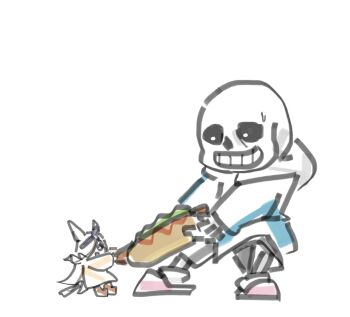 1girl animal_ears black_sclera blue_jacket bone brown_hair colored_sclera deltarune flipped_hair gineno91 grey_hood hair_over_one_eye highres hollow_eyes horse_ears horse_girl horse_tail hot_dog jacket long_hair open_mouth pink_slippers purple_eyes rice_shower_(umamusume) sans_(undertale) skeleton slippers smile tail umamusume undertale utdr_(toby_fox)