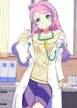 1girl absurdres earrings green_eyes highres indoors jewelry lab_coat leaning_on_table long_hair looking_at_viewer miriam_(pokemon) negimiso1989 nintendo off-shoulder_sweater off_shoulder pink_hair pokemon pokemon_sv purple_hair purple_skirt skirt smile solo standing sweater twirling_hair window