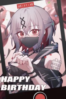 1girl absurdres balloon black_collar black_mask chain collar colored_inner_hair commentary confetti gauze grey_hair hair_ornament happy_birthday highres jewelry looking_at_viewer mahou_shoujo_no_majo_saiban mask mouth_mask mu_(km_mnsb) multicolored_hair ponytail recording red_eyes red_nails ring shito_alisa short_hair short_ponytail solo string_of_flags surprised symbol-only_commentary x_hair_ornament