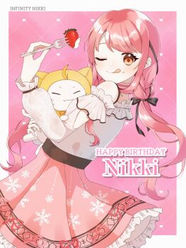 Rule 34 | 1girl, ;q, ^ ^, absurdres, ahoge, animal, argyle background, arm cutout, belt, black belt, black bow, black ribbon, border, bow, bowtie, bra strap, brown eyes, cat, choker, cloak, closed eyes, closed mouth, clothed animal, clothing cutout, commentary request, copyright name, cowboy shot, crumbs, culoe, dot nose, ear covers, eating, eyelashes, food, fork, frilled shirt, frilled sleeves, frills, fruit, hair bow, hair ribbon, happy, happy birthday, heart, heart background, high-waist skirt, highres, holding, holding animal, holding cat, holding fork, hood, hood up, hooded cloak, icing, infinity nikki, light blush, long hair, long sleeves, looking at viewer, low twintails, miniskirt, momo (nikki), nikki (nikki), nikki (series), off-shoulder shirt, off shoulder, one eye closed, orange bow, orange bowtie, outside border, perfect start (infinity nikki), pink background, pink choker, pink hair, pink ribbon, pink skirt, pleated skirt, print skirt, print sleeves, puffy long sleeves, puffy sleeves, ribbon, see-through clothes, see-through sleeves, shirt, single stripe, skirt, smile, snowflake print, standing, strawberry, striped choker, tongue, tongue out, tress ribbon, twintails, very long hair, wavy hair, whiskers, white border, white cat, white shirt, yellow cloak