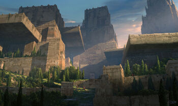 Rule 34 | blue sky, building, bush, cloud, cloudy sky, commentary, english commentary, flock, grass, highres, hill, monastery, original, outdoors, painterly, raphael-lacoste, scenery, signature, sky, sunlight, tower, tree