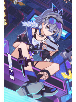 1girl absurdres bare_shoulders black_gloves black_jacket boots chinese_commentary closed_mouth commentary_request drill_hair eyewear_on_head fingerless_gloves full_body genius_invokation_tcg_(style) gloves grey_eyes grey_hair hair_between_eyes hair_ornament highres holding honkai:_star_rail honkai_(series) jacket looking_at_viewer multiple_girls playing_games ponytail shirt shorts silver_wolf_(honkai:_star_rail) sitting sunglasses weapon white_shirt