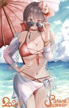 Rule 34 | 1girl, 2024, absurdres, adjusting eyewear, beach, bikini, breasts, brown hair, cameltoe, character name, cleavage, commentary request, criss-cross strings, flower, goddess of victory: nikke, highres, large breasts, looking over eyewear, navel, net, ocean, official alternate costume, oil-paper umbrella, pinjirooo, red bikini, red eyes, red flower, sakura (bloom in summer) (nikke), sakura (nikke), sarong, solo, sunglasses, swimsuit, umbrella, white sarong