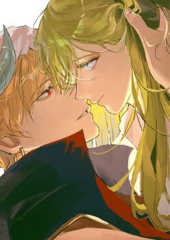 Rule 34 | 1boy, 1other, absurdres, androgynous, blonde hair, commentary request, couple, enkidu (fate), fate/grand order, fate (series), gilgamesh, gilgamesh (caster) (fate), gilgamesh (fate), green eyes, green hair, highres, imminent kiss, korean commentary, long hair, looking at another, other with male, profile, red eyes, smile, turban, yammu