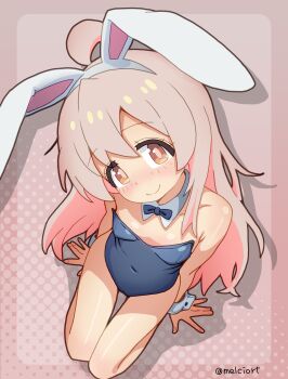 1girl absurdres ahoge animal_ears bare_legs bow bowtie breasts brown_eyes detached_collar fake_animal_ears highres leotard long_hair melciort onii-chan_wa_oshimai! oyama_mahiro pink_hair playboy_bunny rabbit_ears small_breasts smile solo wrist_cuffs