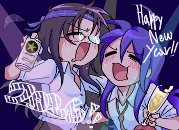 2girls aged_up alcohol can champagne champagne_flute cup drinking_glass drunk happy happy_new_year holding holding_can izumi_konata long_hair lucky_star multiple_girls necktie necktie_on_head new_year non-web_source party sapporo_beer sleeves_rolled_up tamura_hiyori undone_necktie