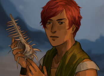 1boy arrapso bangle beach bracelet brown_eyes curly_hair dark-skinned_male dark_skin green_scarf highres holding holding_shell jewelry lake_of_voices looking_at_viewer lu_(lake_of_voices) male_focus messy_hair non-web_source official_art red_hair scarf shell shirt shore short_hair sidelighting smile solo upper_body white_shirt