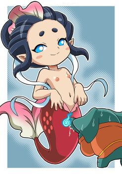 1girl ? absurdres blue_eyes blush_stickers border censored closed_mouth commentary_request elephant flat_chest halftone highres loli mermaid monster_girl morezou navel nazca_(rapid-rabbit's) ningyo_(youkai_watch) nipples no_pupils novelty_censor open_mouth outside_border pointy_ears simple_background smile solo_focus sweat vaginal white_border youkai_(youkai_watch) youkai_watch