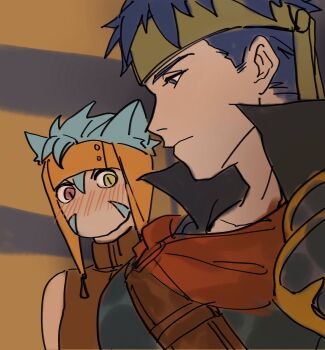 2boys animal_ears blue_eyes blue_hair blush cat_boy cat_ears commentary fire_emblem fire_emblem:_radiant_dawn girl_staring_at_guy's_chest_(meme) green_eyes green_headband headband heterochromia highres ike_(fire_emblem) julianlynnnn looking_at_pectorals male_focus meme multiple_boys nintendo no_mouth ranulf_(fire_emblem) short_hair slit_pupils