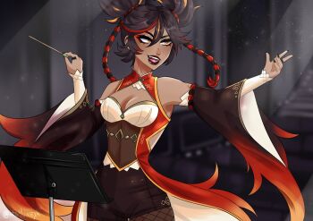 1girl alternate_costume back_cutout black_eyeliner black_nails black_sleeves breasts brown_hair brown_lips cleavage cleavage_cutout clothing_cutout conductor_baton dark-skinned_female dark_skin detached_sleeves eyeliner fishnets genshin_impact highres jewelry lipstick makeup multicolored_hair music_stand nail_polish orange_sleeves red_eyeliner red_sleeves ring see-through_clothes see-through_midriff shorts streaked_hair twintails twitter_username xinyan_(genshin_impact) yellow_eyes yunexa