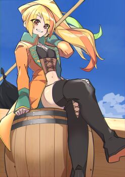 1girl absurdres barrel black_boots blonde_hair blue_sky boots coat collarbone crop_top crossed_legs eyes_visible_through_hair green_hair grin hanten_(hantennano) highres holding long_hair long_sleeves looking_at_viewer midriff multicolored_hair navel nikaidou_saki open_clothes open_coat orange_coat orange_hair red_eyes sitting sky smile solo stomach thigh_boots thighhighs very_long_hair zombie_land_saga
