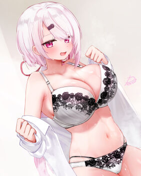 1girl artist_name black_bow black_bra black_panties blush bow bow_bra bow_panties bra breasts cleavage collarbone commentary_request festa11307070 floral_print floral_print_bra floral_print_panties hair_ornament hair_ribbon hairclip huge_breasts long_hair long_sleeves looking_at_viewer low_ponytail navel nijisanji open_clothes open_mouth open_shirt panties pink_eyes pink_hair ponytail print_panties red_ribbon ribbon shiina_yuika shirt signature sleeves_past_wrists smile solo steaming_body stomach sweat thighs two-tone_bra two-tone_panties underwear virtual_youtuber white_background white_bra white_panties white_shirt