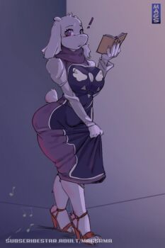 1girl book breasts dress furry furry_female goat_girl high_heels huge_breasts magsama mature_female purple_eyes toriel undertale utdr_(toby_fox)