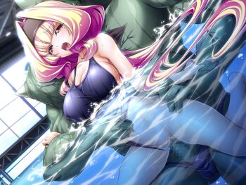 Rule 34 | 1boy, 1girl, azarin (exs-tia), barefoot, black hairband, blonde hair, blue one-piece swimsuit, blush, breasts, censored, cleavage, clothes pull, clothing aside, collarbone, colored skin, competition swimsuit, covered erect nipples, game cg, green skin, hair intakes, hairband, headband, hetero, indoors, inoino, kouyoku senki exs-tia, large breasts, large variant set, long hair, mosaic censoring, non-web source, official art, one-piece swimsuit, one-piece swimsuit pull, open mouth, partially submerged, penis, pool, red eyes, scar, school swimsuit, sex, sex from behind, sideboob, solo focus, sportgil, swimsuit, swimsuit aside, torso grab, vaginal, variant set, very long hair, water