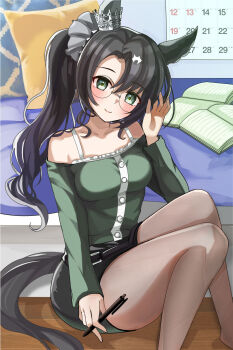 1girl alternate_costume bed bespectacled black_hair blush breasts closed_mouth commentary_request glasses green_eyes hair_between_eyes hair_ornament hanamura_pink highres long_hair looking_at_viewer notenook satono_crown_(umamusume) shorts side_ponytail smile solo thighs umamusume