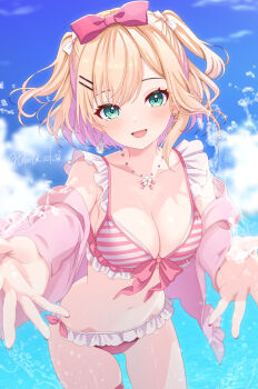 1girl aqua_eyes bare_shoulders bikini blonde_hair blue_sky bow bow_swimsuit breasts cleavage cloud cloudy_sky collarbone day earrings flower_pendant frilled_bikini frilled_cardigan frills front-tie_bikini_top front-tie_top hair_ornament hairclip happy highres iris_black_games jacket jewelry kurumi_noah kurumi_noah_(summer_c102) large_breasts long_sleeves looking_at_viewer navel necklace ocean open_clothes open_jacket open_mouth outdoors pendant pink_bikini pink_bow pink_jacket pink_straps ribbon-trimmed_bikini ribbon_trim short_hair sky smile solo striped_bikini striped_clothes swimsuit swimsuit_cover-up toketa-sekai two-sided_bow two_side_up virtual_youtuber vspo! water water_drop white_bow