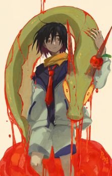 Rule 34 | 1boy, absurdres, black hair, blood, blood on face, closed mouth, colored sclera, commentary, hair between eyes, highres, hydrapple, jacket, kieran (pokemon), long sleeves, looking at viewer, male focus, mole, mole on neck, necktie, nintendo, off shoulder, open clothes, open jacket, orange eyes, pokemon, pokemon (creature), pokemon sv, purple hair, red eyes, red necktie, rowa (maro kyrw), shirt, shorts, simple background, symbol-only commentary, white jacket, white shorts, yellow background, yellow sclera