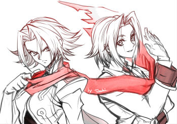 1girl absurdres artist_name breasts closed_mouth code_geass dual_persona furrowed_brow highres jacket kouzuki_kallen medium_breasts mochi_mangaka multiple_views parted_bangs parted_lips red_scarf scarf school_uniform short_hair sketch smile solo torn_clothes torn_scarf upper_body white_background