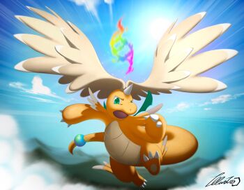 blue_sky claws cloud colored_skin dragon dragonite feathered_wings fivizzaniluke flying full_body gen_1_pokemon green_eyes head_wings highres horns leg_wings mega_dragonite mega_evolution_symbol mega_pokemon nintendo no_humans open_mouth orange_skin outdoors pokemon pokemon_(creature) pokemon_focus single_horn sky solo tail wings